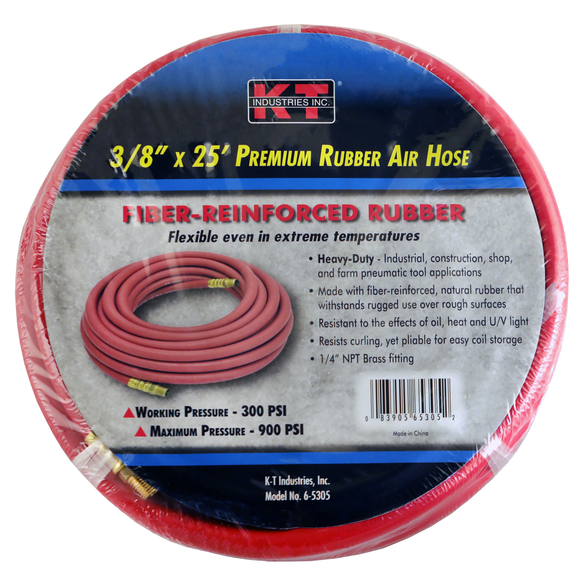 K-T Industries Rubber Air Hose — 3/8in. x 25ft., Fiber Reinforced, 1/4in. Brass Fittings, Model# 6-5305